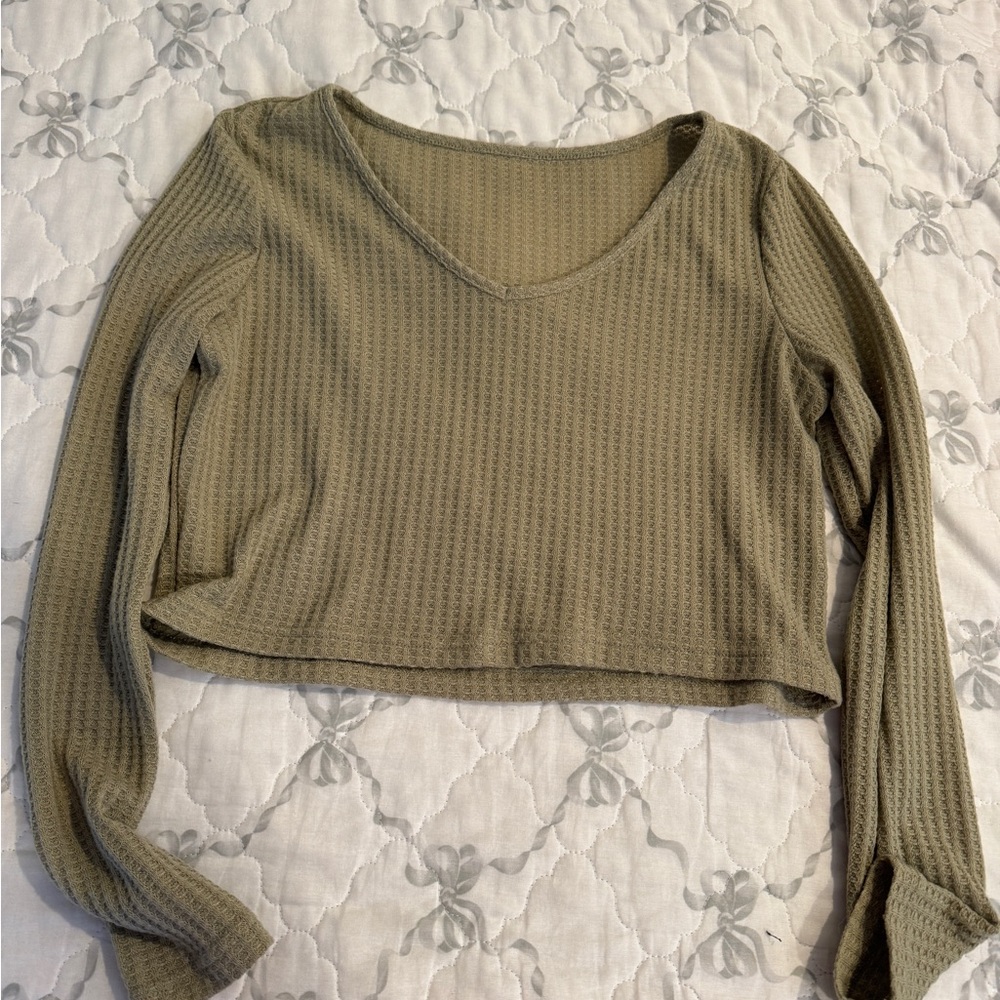 Green Ribbed Long Sleeve Crop Blouse
